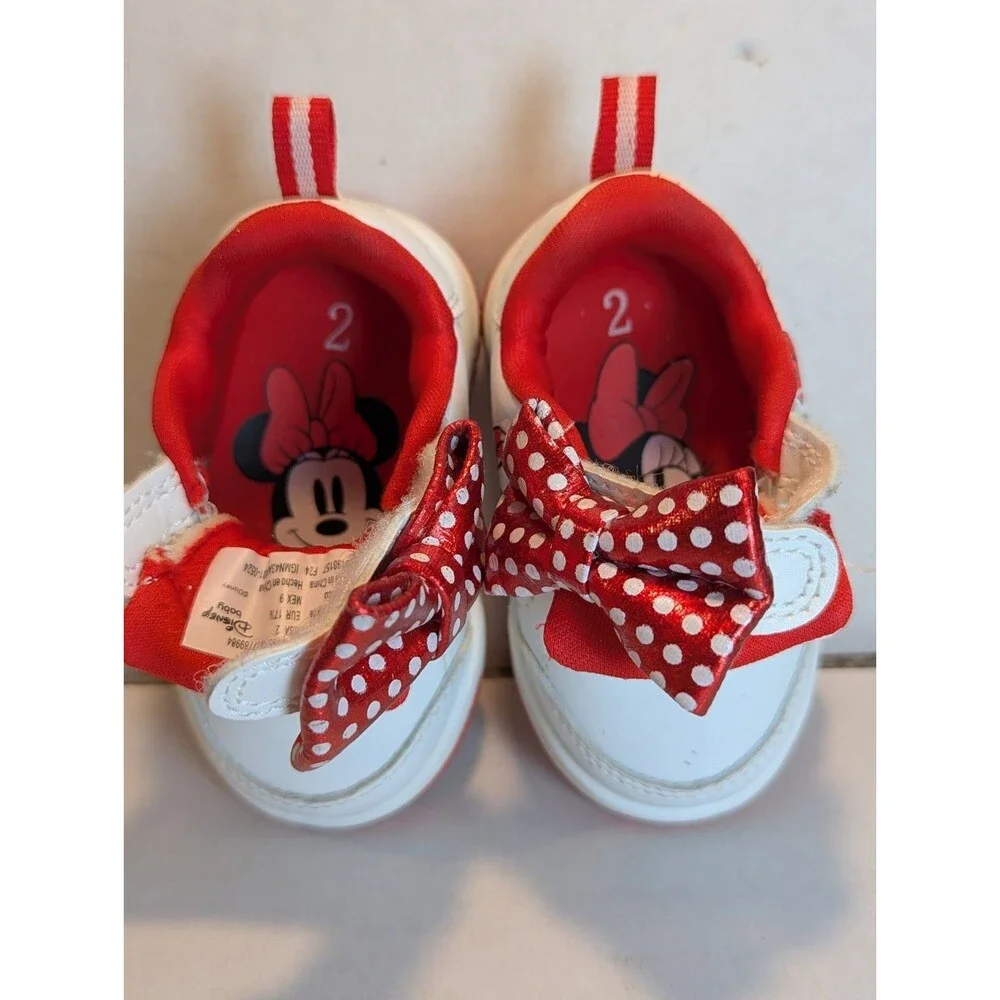 Minnie Mouse Disney Shoes Size 2 Toddler Canvas White And Red Bow Sparkles